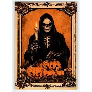 Vintage Halloween Postcard Grim Reaper with Jack-o'-Lanterns 5.5x4 Chrome